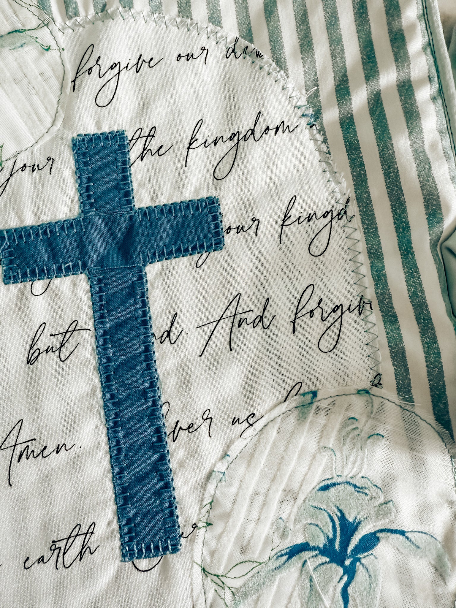 Cross and Flowers Blue Stripe Bible Cover