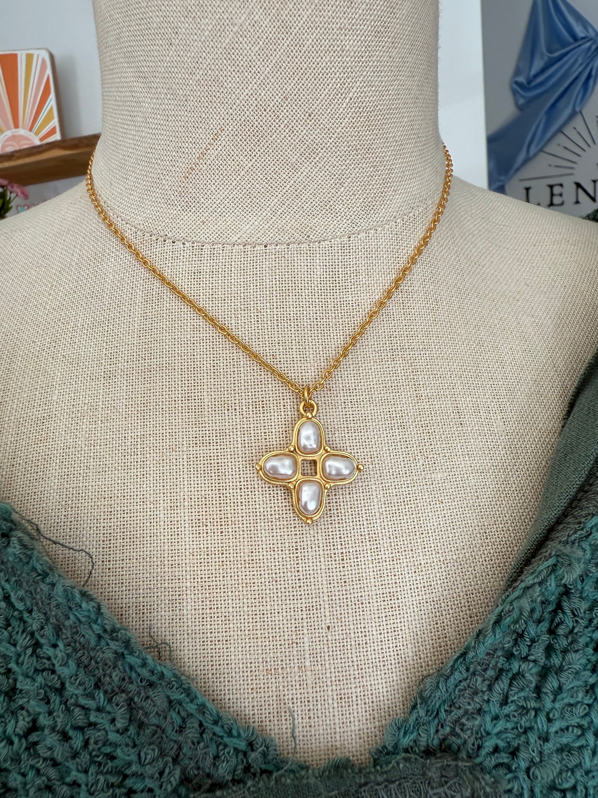 Pearl Cross Gold Necklace