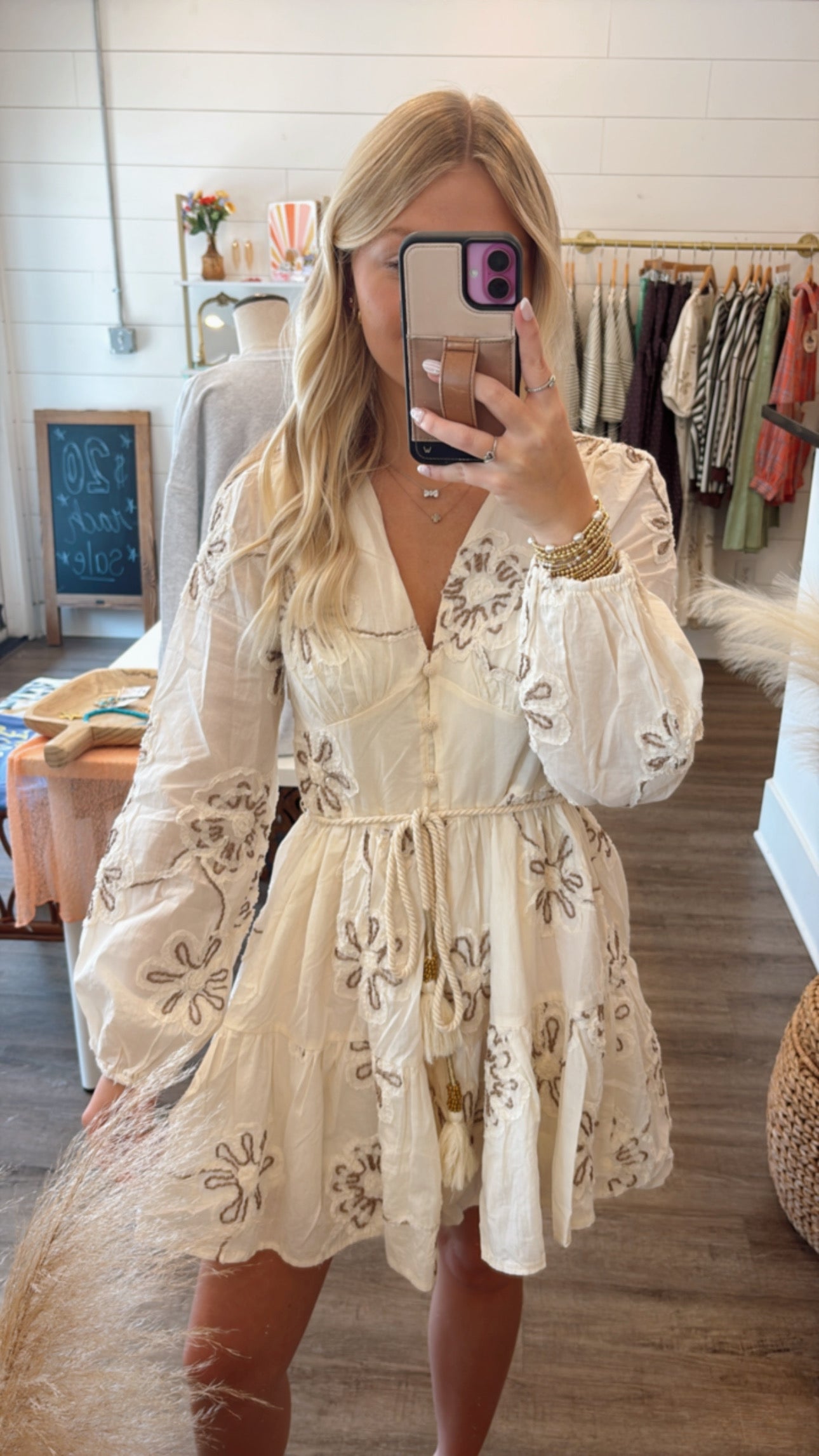 Cream Embroidered Mini Dress