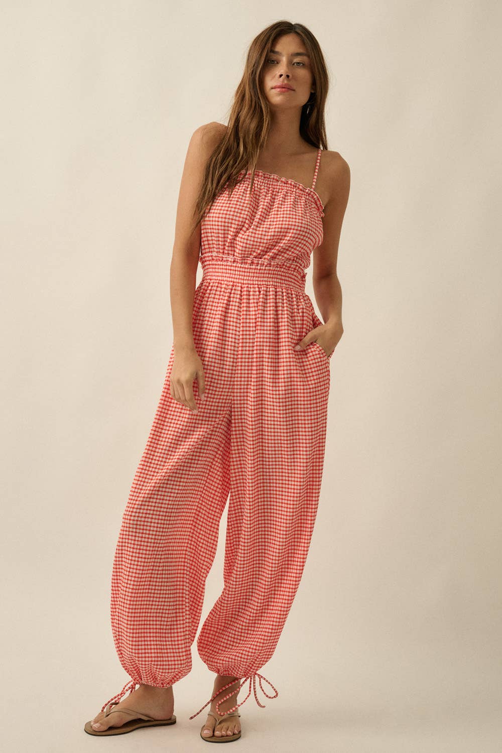 Gingham Plaid Open-Back Bubble-Leg Cami Jumpsuit