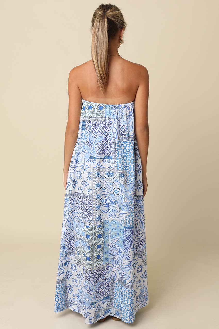 Blue Clover Tile Strapless Maxi Dress