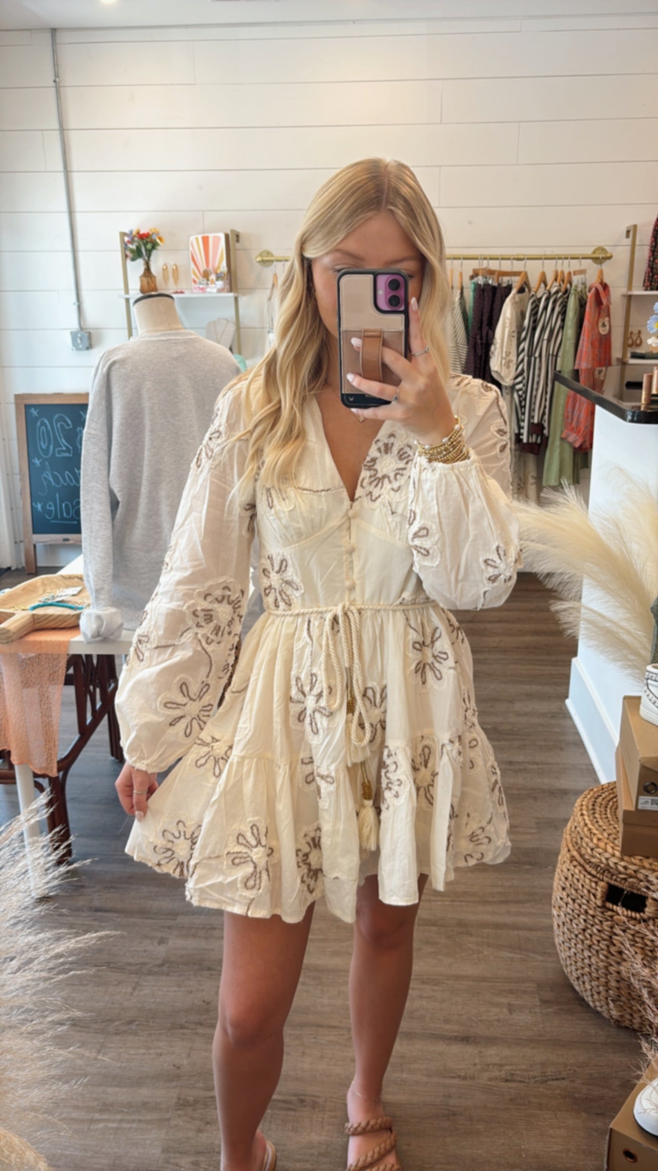 Cream Embroidered Mini Dress