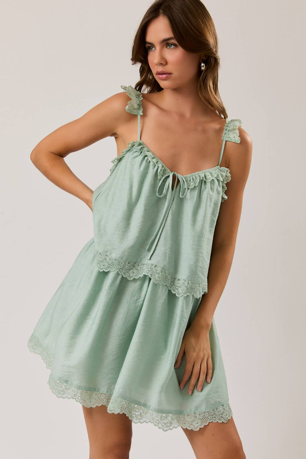 SPAGHETTI STRAP LACE TRIM LAYERED MINI DRESS