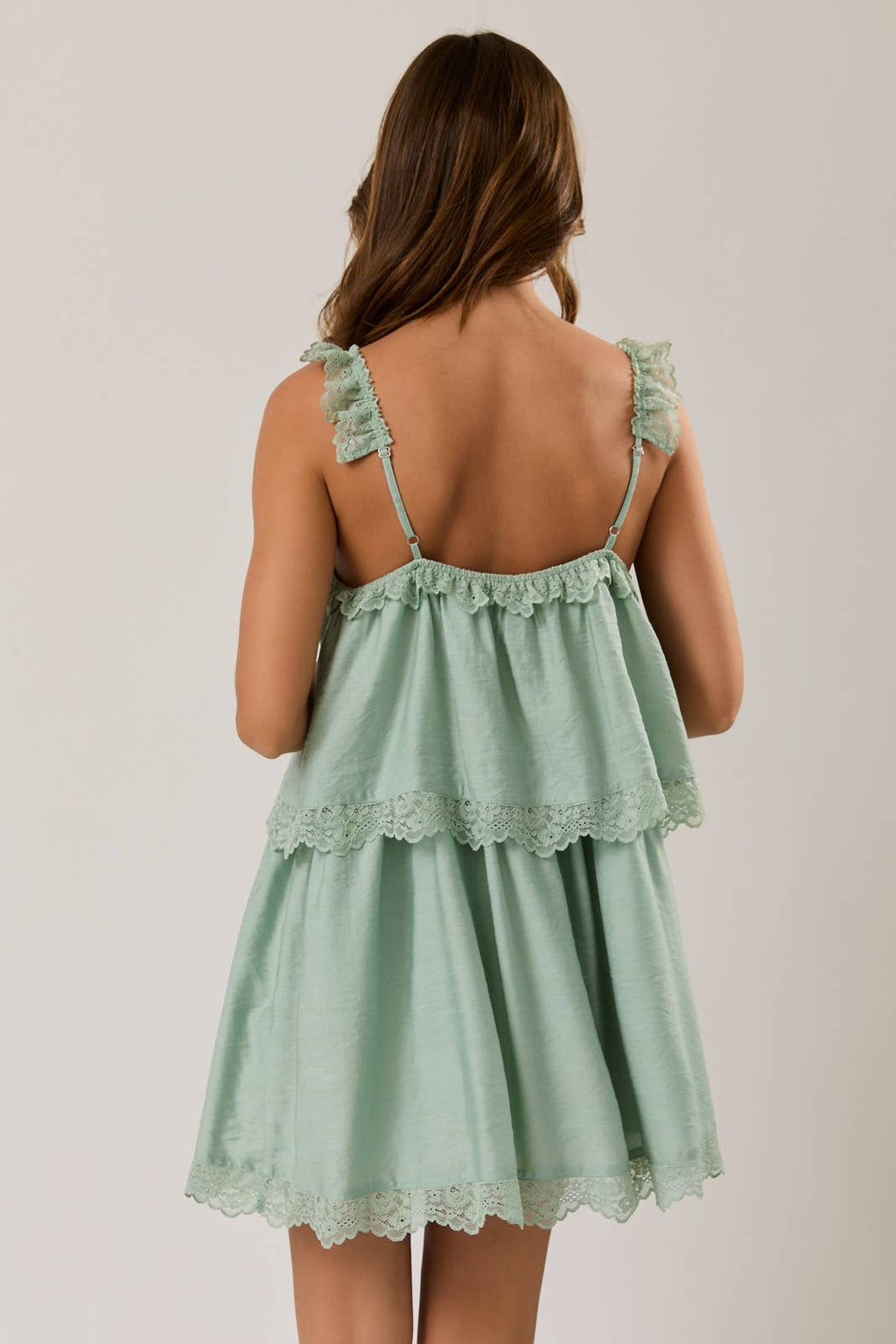 SPAGHETTI STRAP LACE TRIM LAYERED MINI DRESS