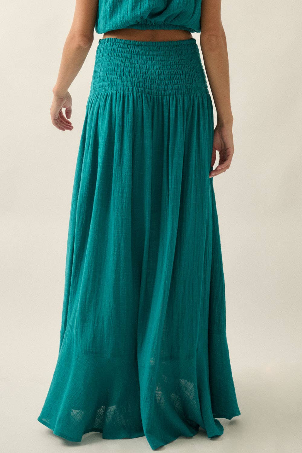Cotton Gauze Smocked-Drop Waist Button-Front Maxi Skirt