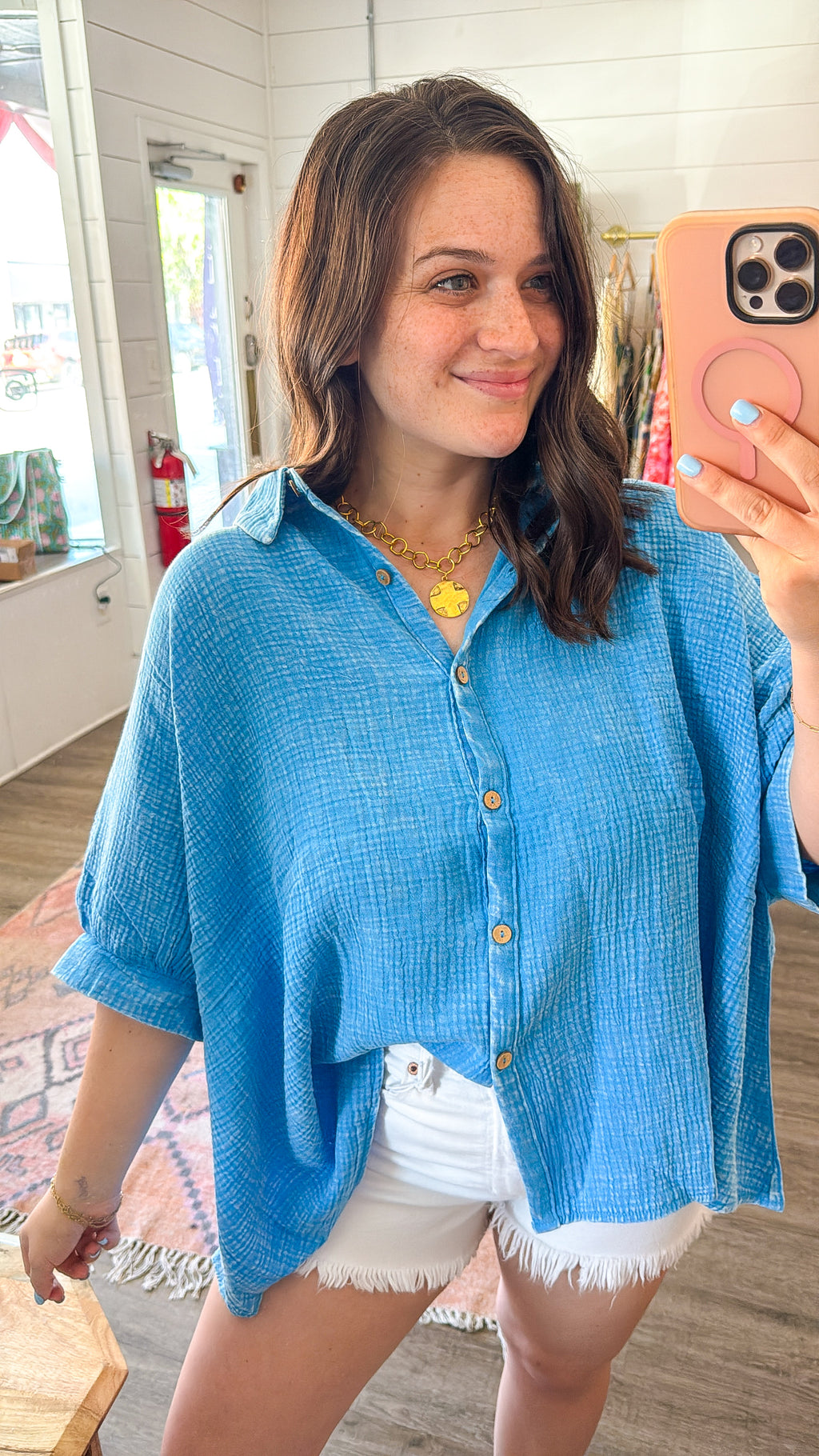 Oversized Washed Button Down Top