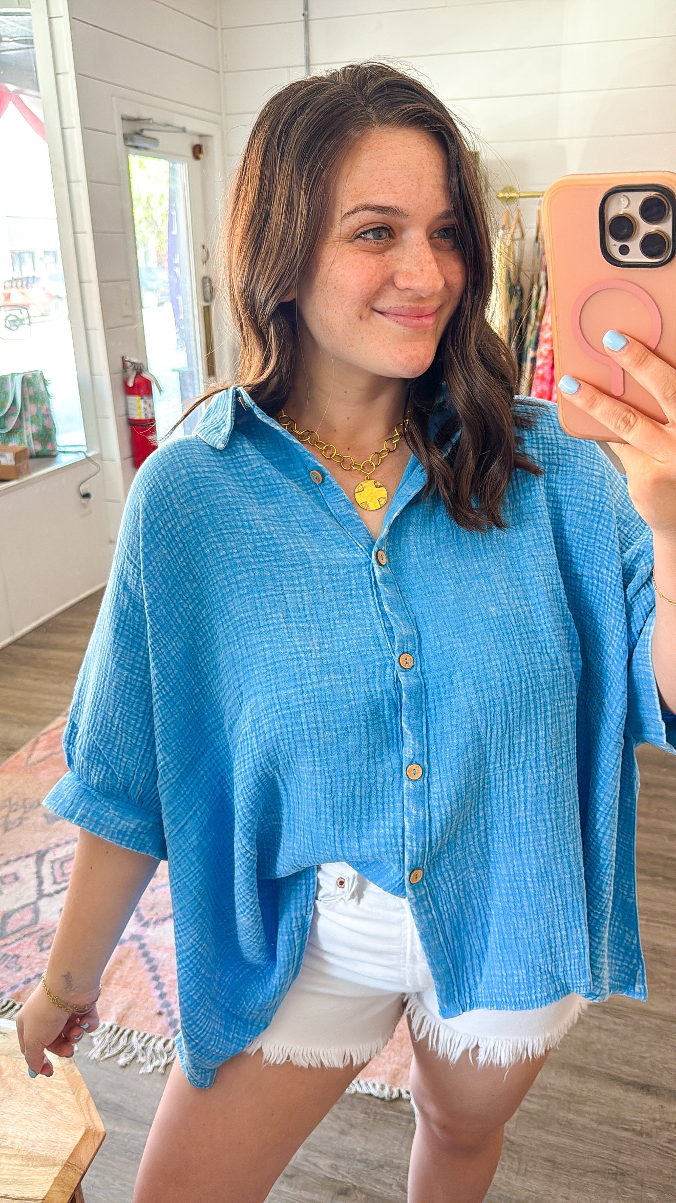 Oversized Washed Button Down Top