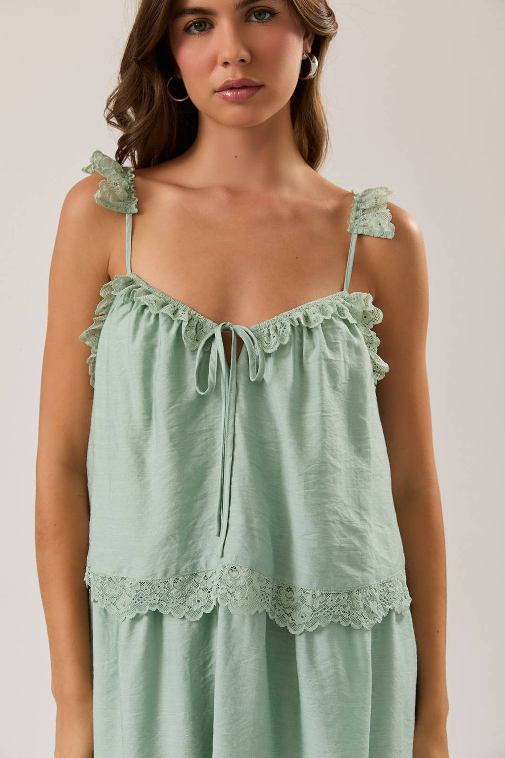 SPAGHETTI STRAP LACE TRIM LAYERED MINI DRESS