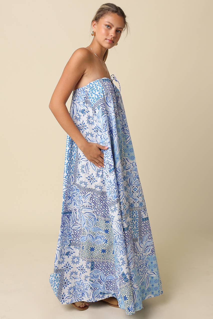 Blue Clover Tile Strapless Maxi Dress