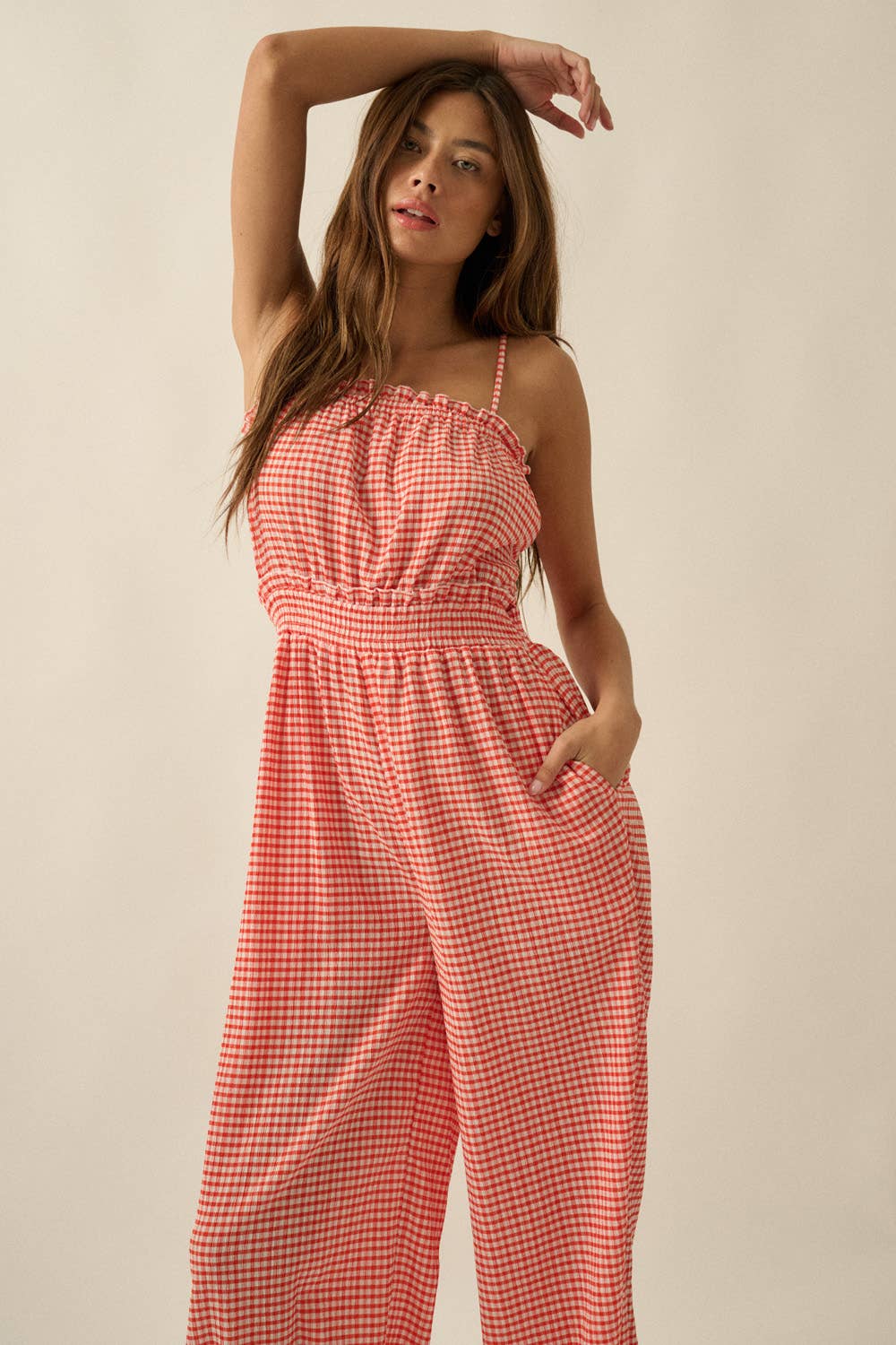 Gingham Plaid Open-Back Bubble-Leg Cami Jumpsuit
