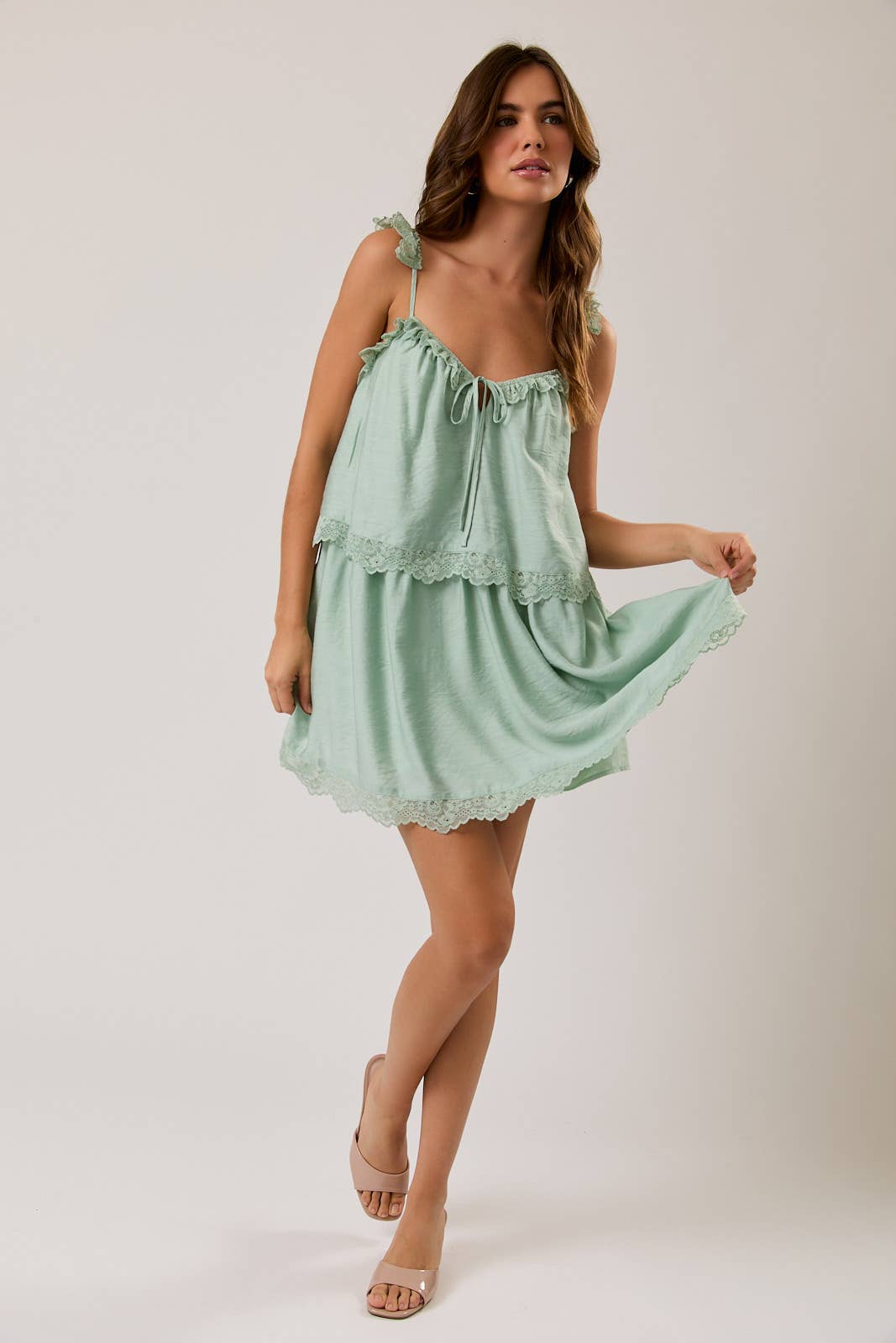 SPAGHETTI STRAP LACE TRIM LAYERED MINI DRESS
