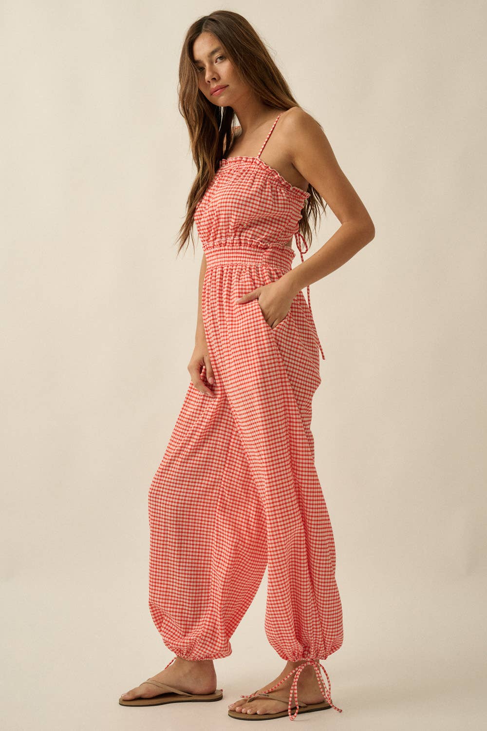 Gingham Plaid Open-Back Bubble-Leg Cami Jumpsuit