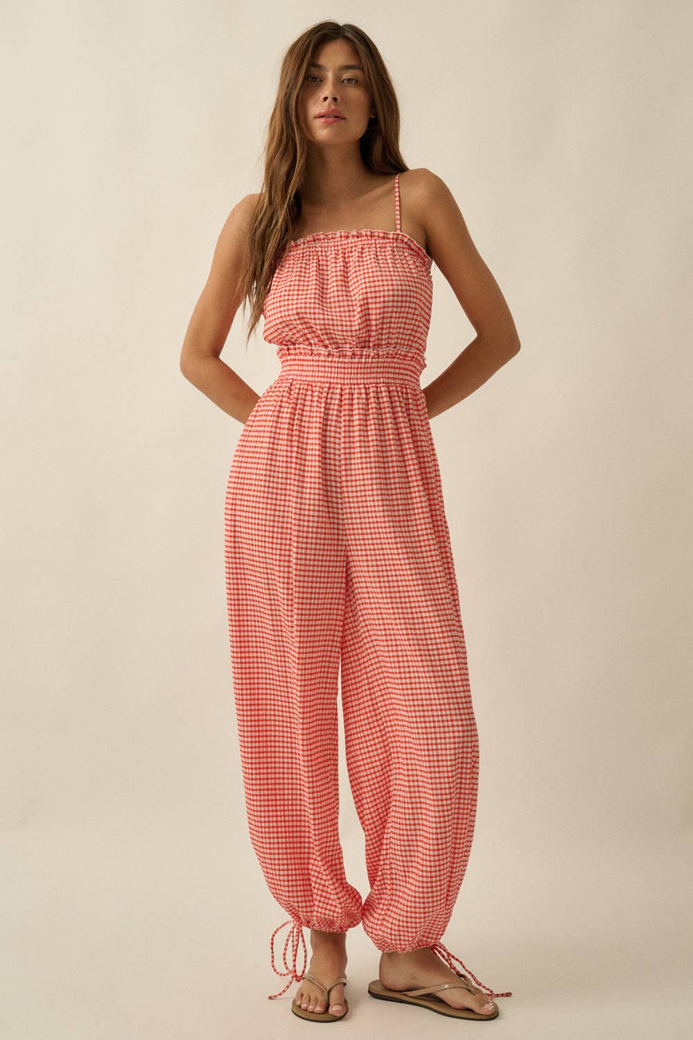 Gingham Plaid Open-Back Bubble-Leg Cami Jumpsuit