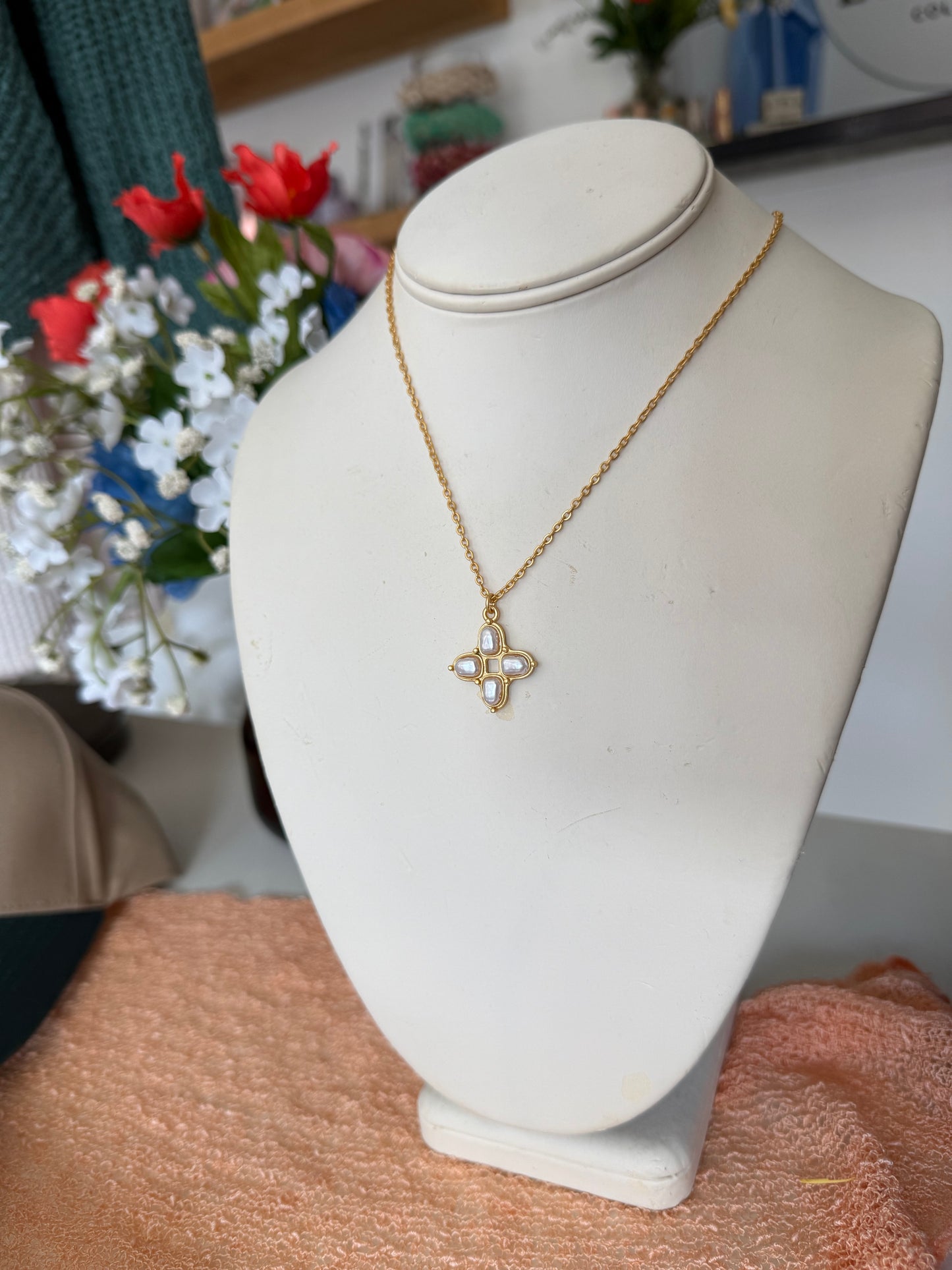 Pearl Cross Gold Necklace