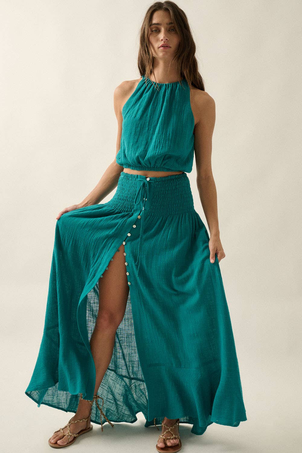 Cotton Gauze Smocked-Drop Waist Button-Front Maxi Skirt