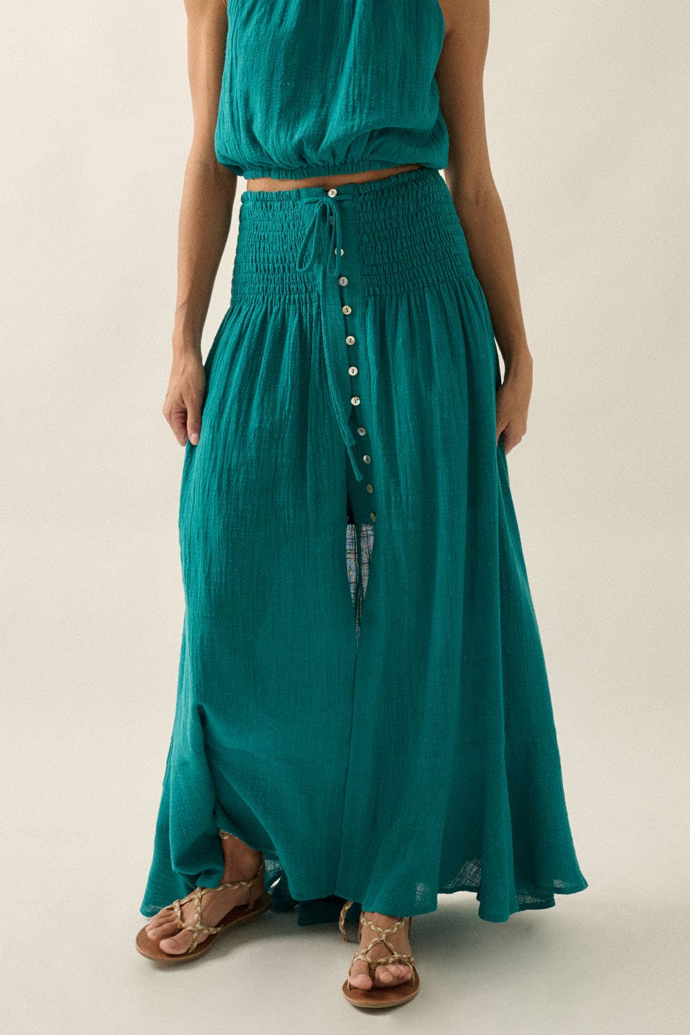 Cotton Gauze Smocked-Drop Waist Button-Front Maxi Skirt