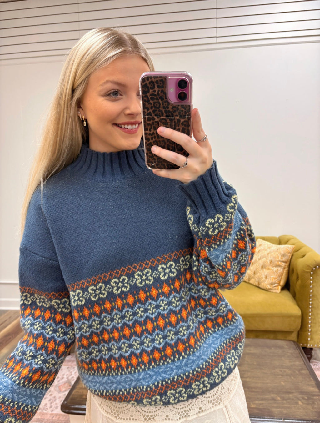 Dusty Blue Pattern Mock Neck Sweater