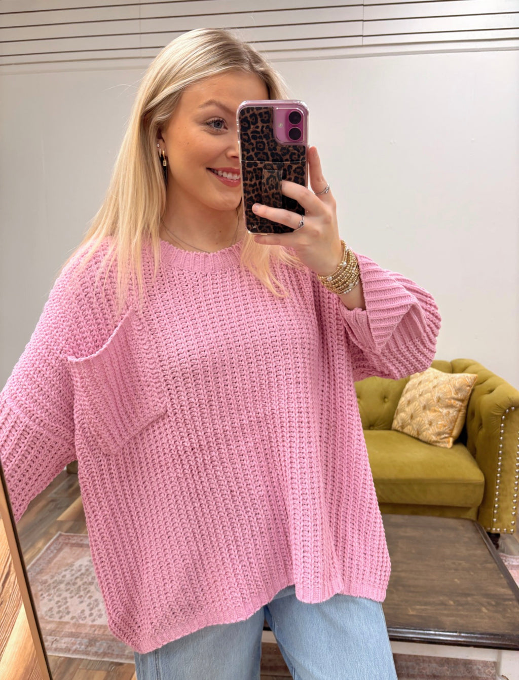 Light Pink Knit Cuffed Sleeve Sweater