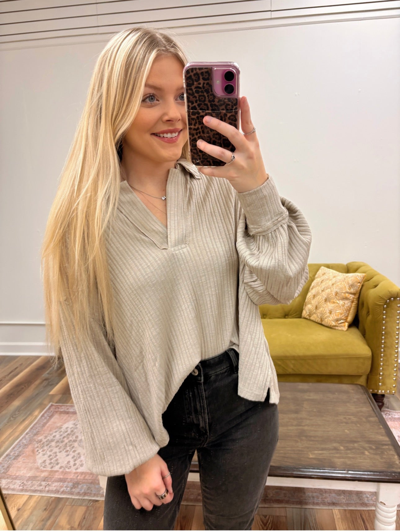 Almond Ribbed Knit Collar Shirt