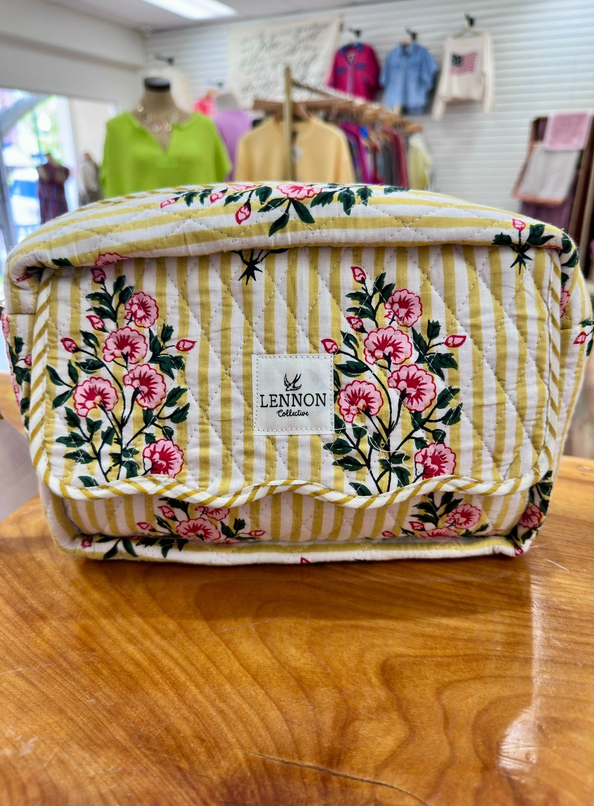 Yellow Striped Floral Scalloped Cosmetic Bag