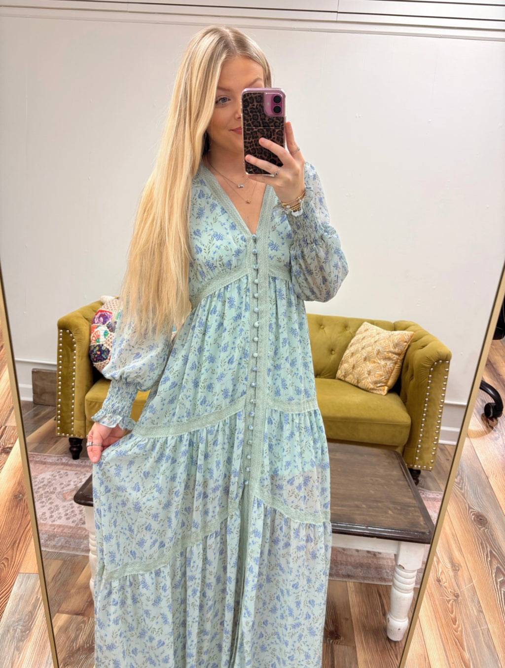 Floral Lace Trim Button Down Maxi Dress