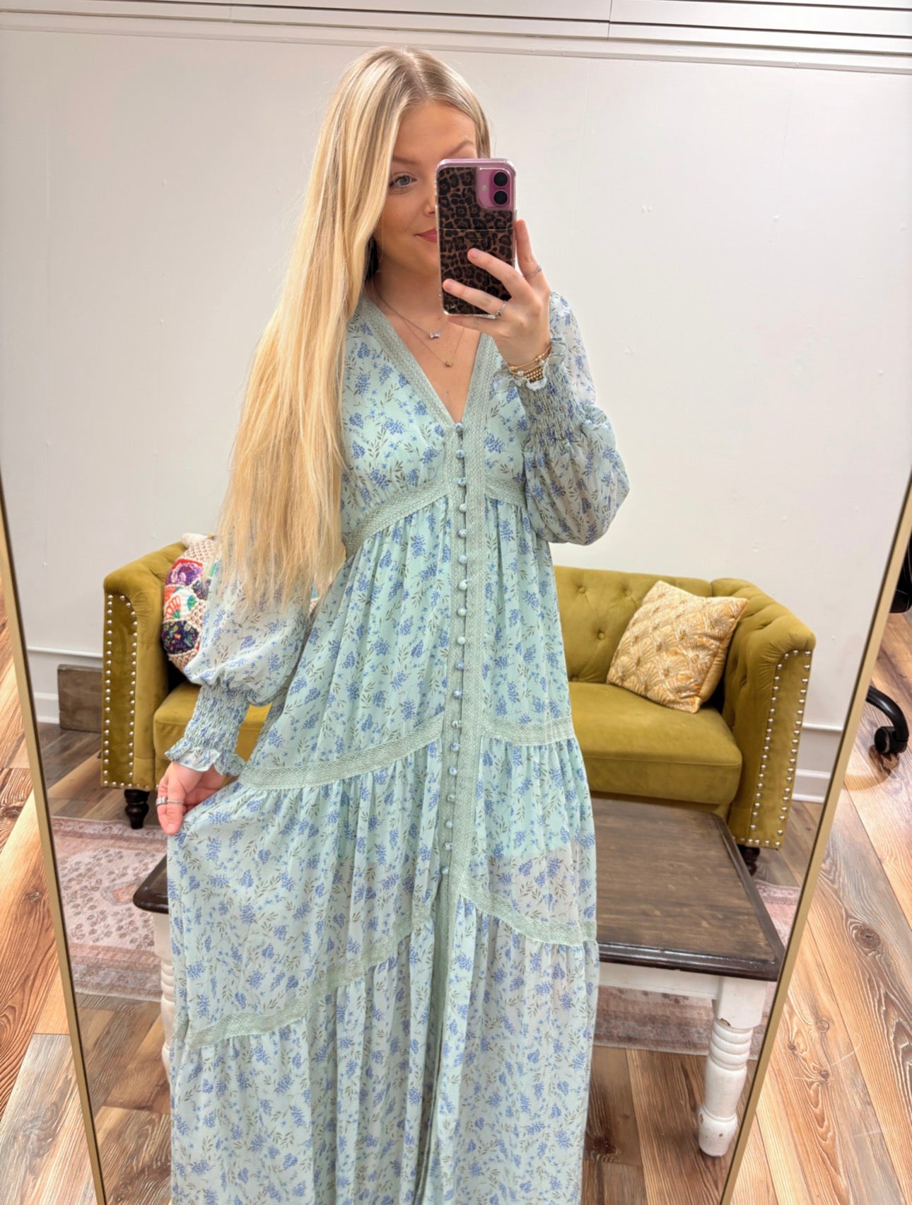 Floral Lace Trim Button Down Maxi Dress
