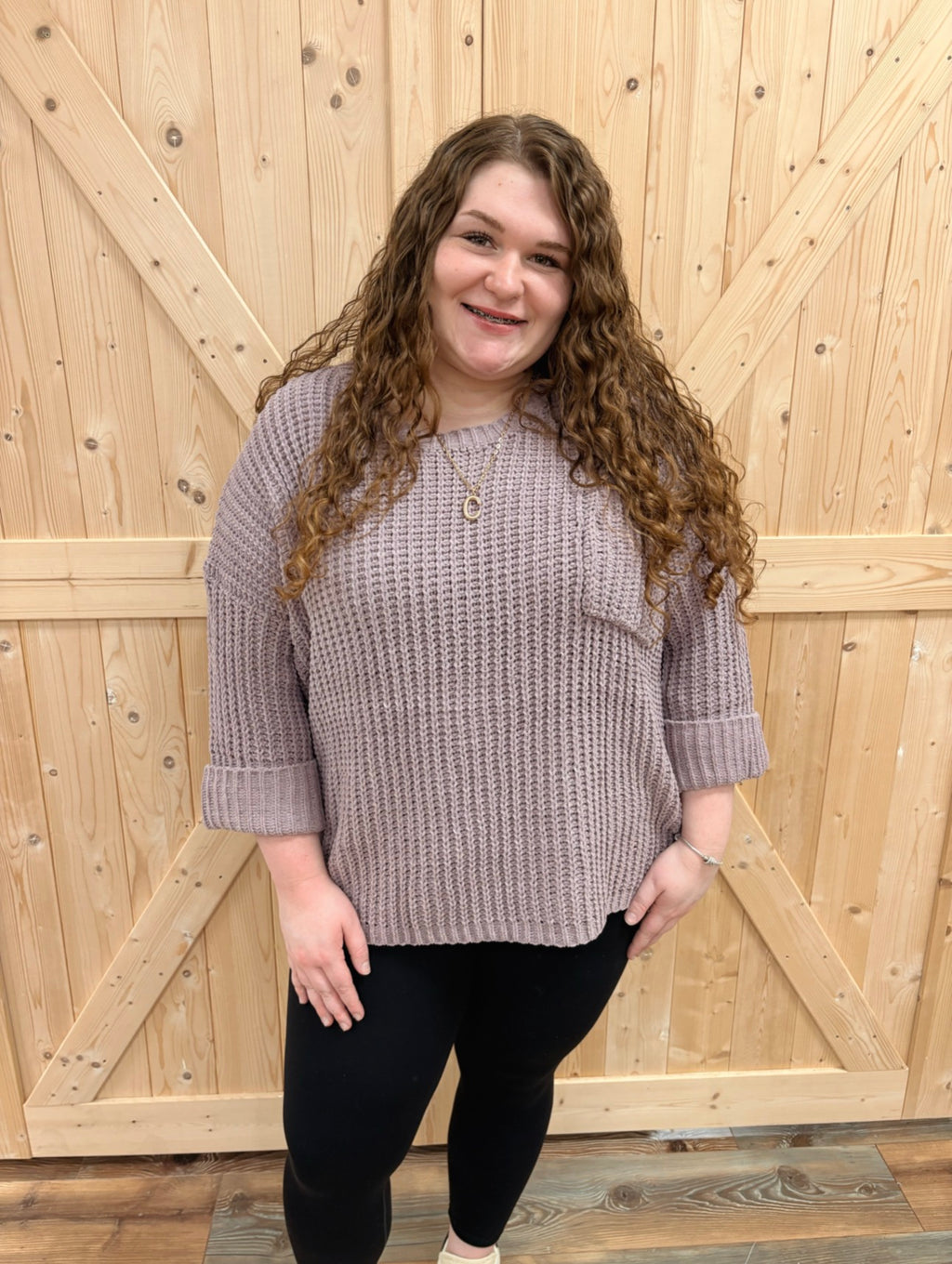 Mauve Knit Cuffed Sleeve Sweater