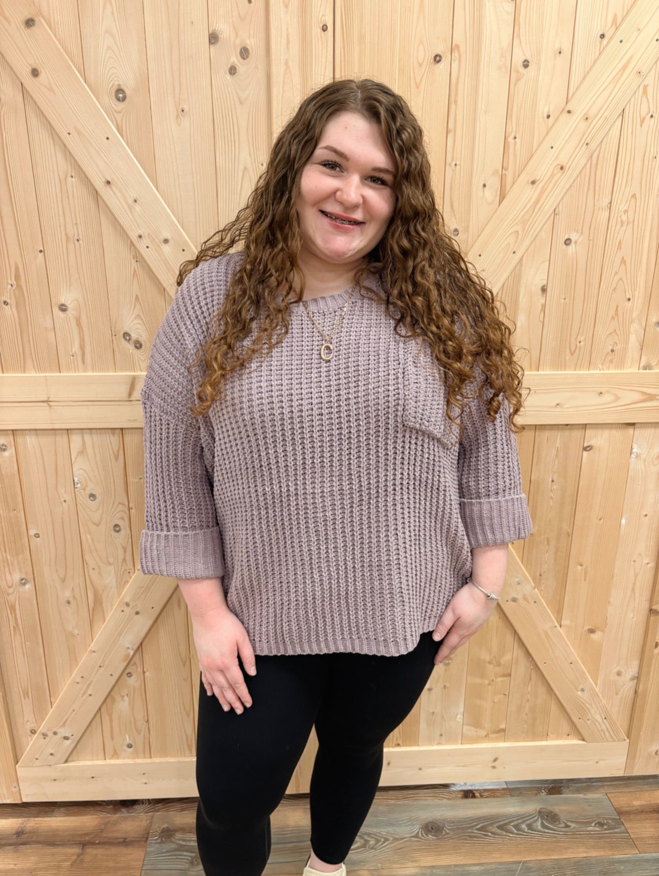 Mauve Knit Cuffed Sleeve Sweater