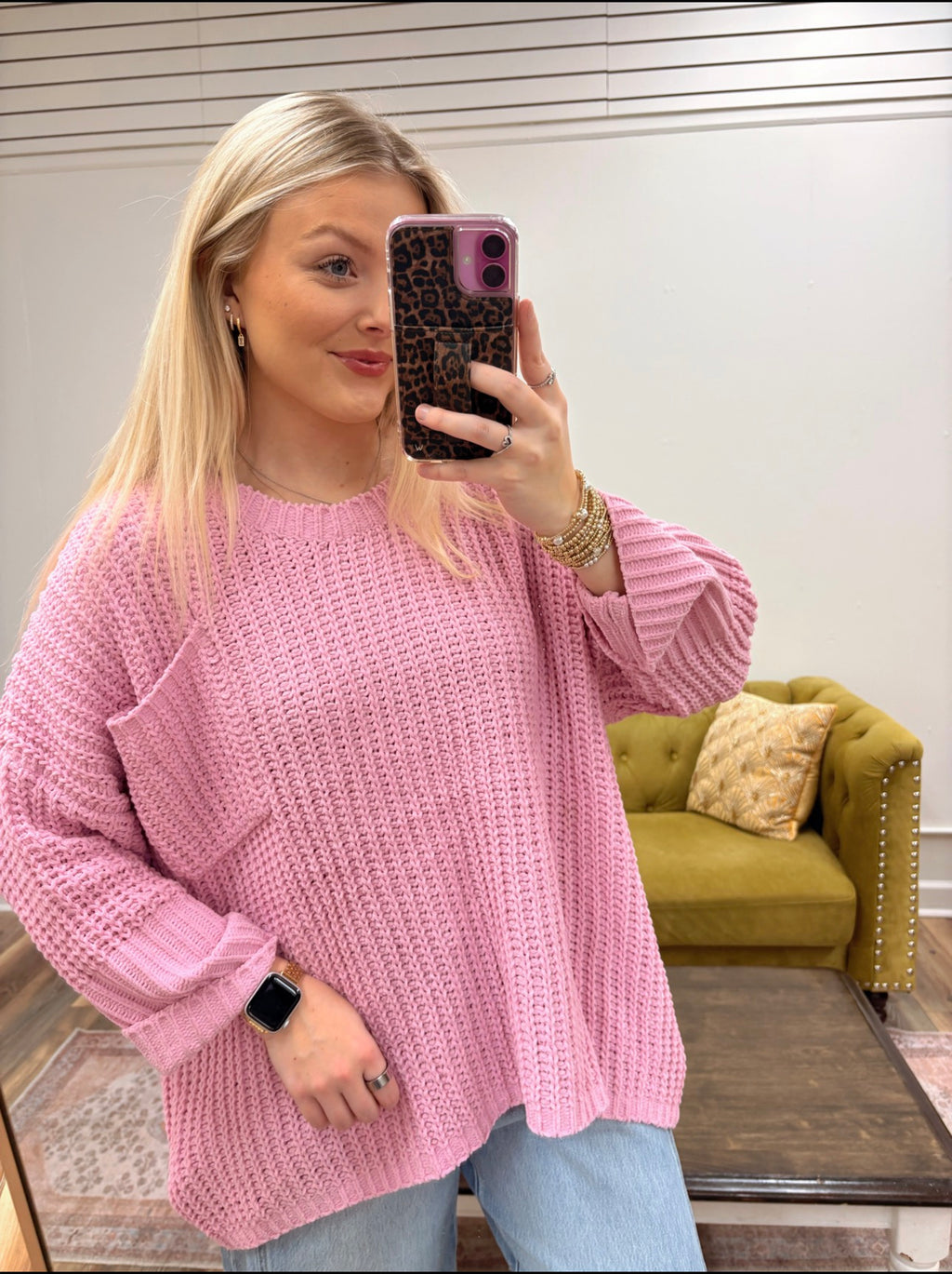 Light Pink Knit Cuffed Sleeve Sweater