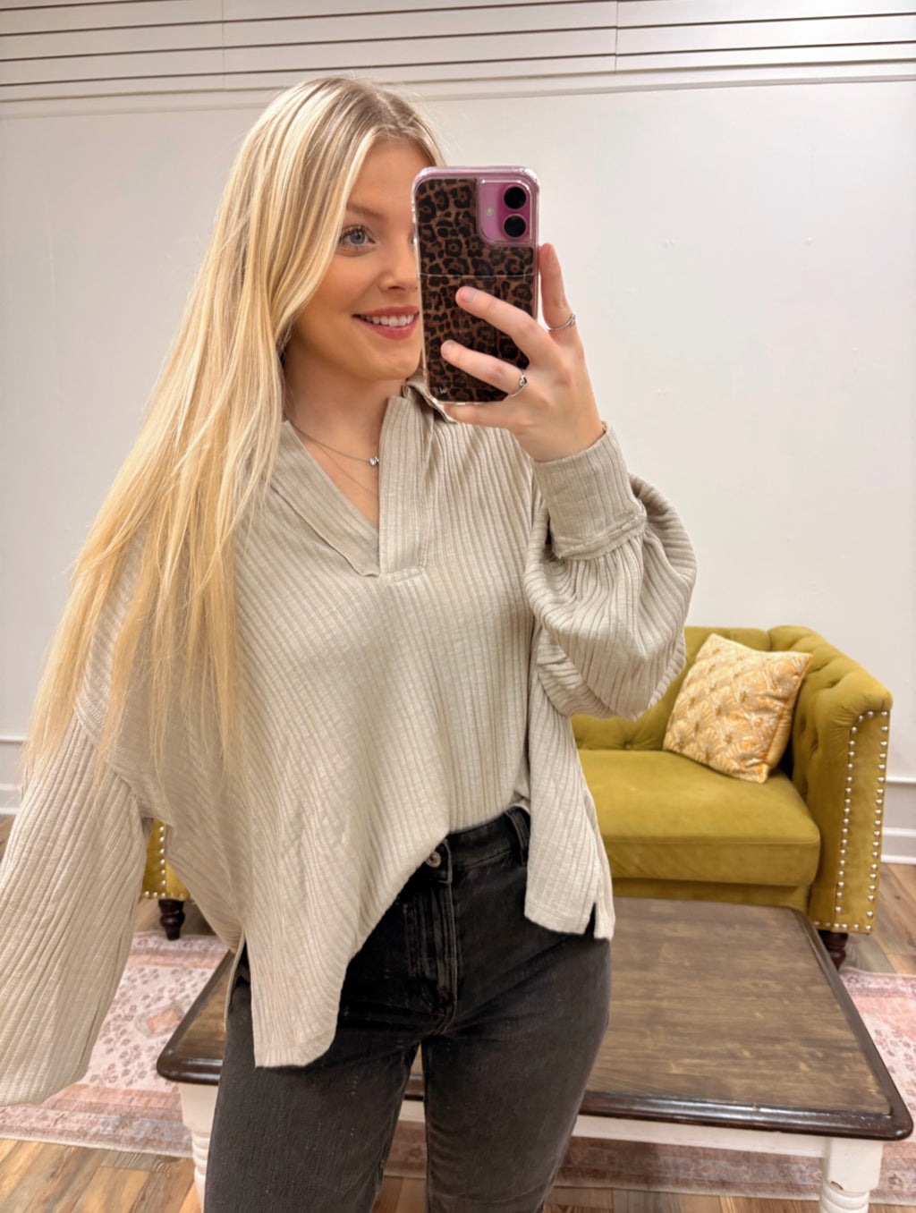 Almond Ribbed Knit Collar Shirt