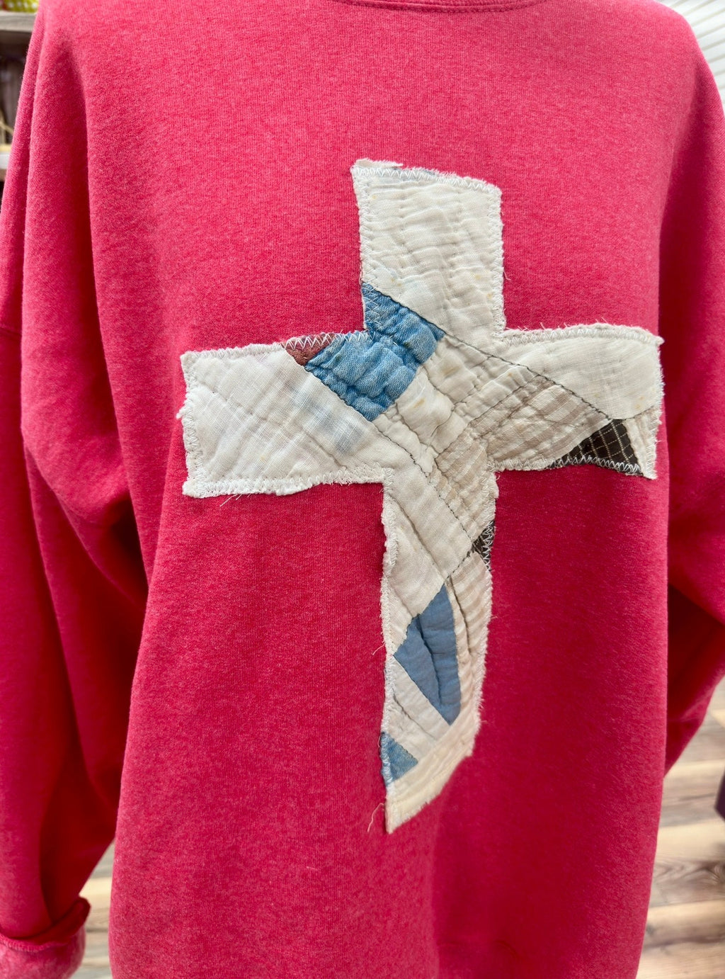 Handmade Sweatshirt with Quilted Cross 1/3