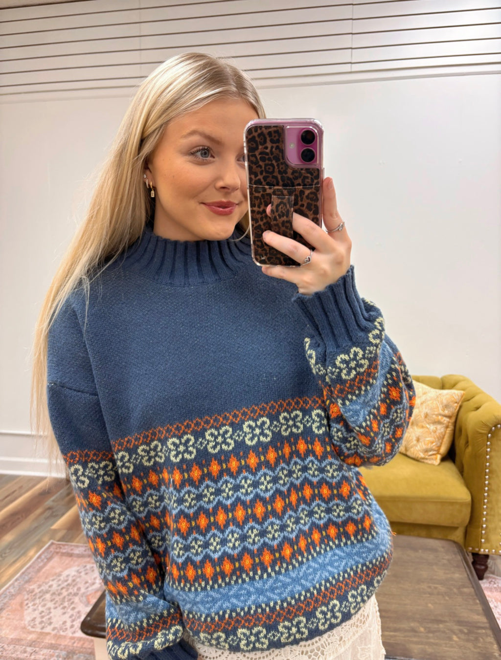 Dusty Blue Pattern Mock Neck Sweater