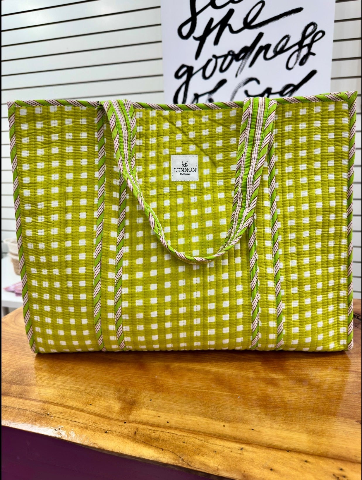 Lime Gingham Tote Bag