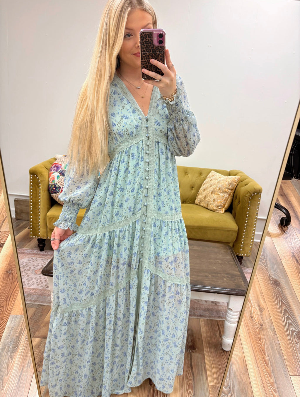 Floral Lace Trim Button Down Maxi Dress
