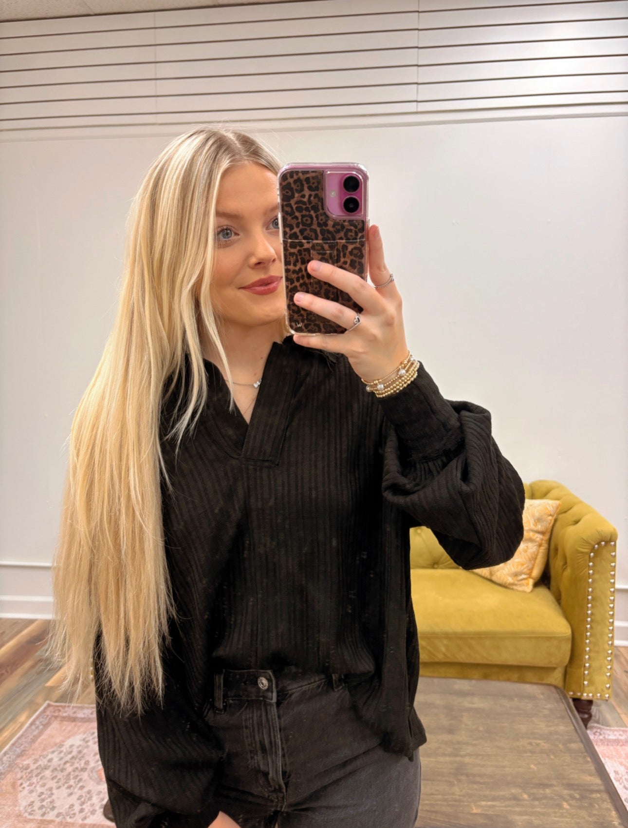 Black Ribbed Knit Collar Shirt