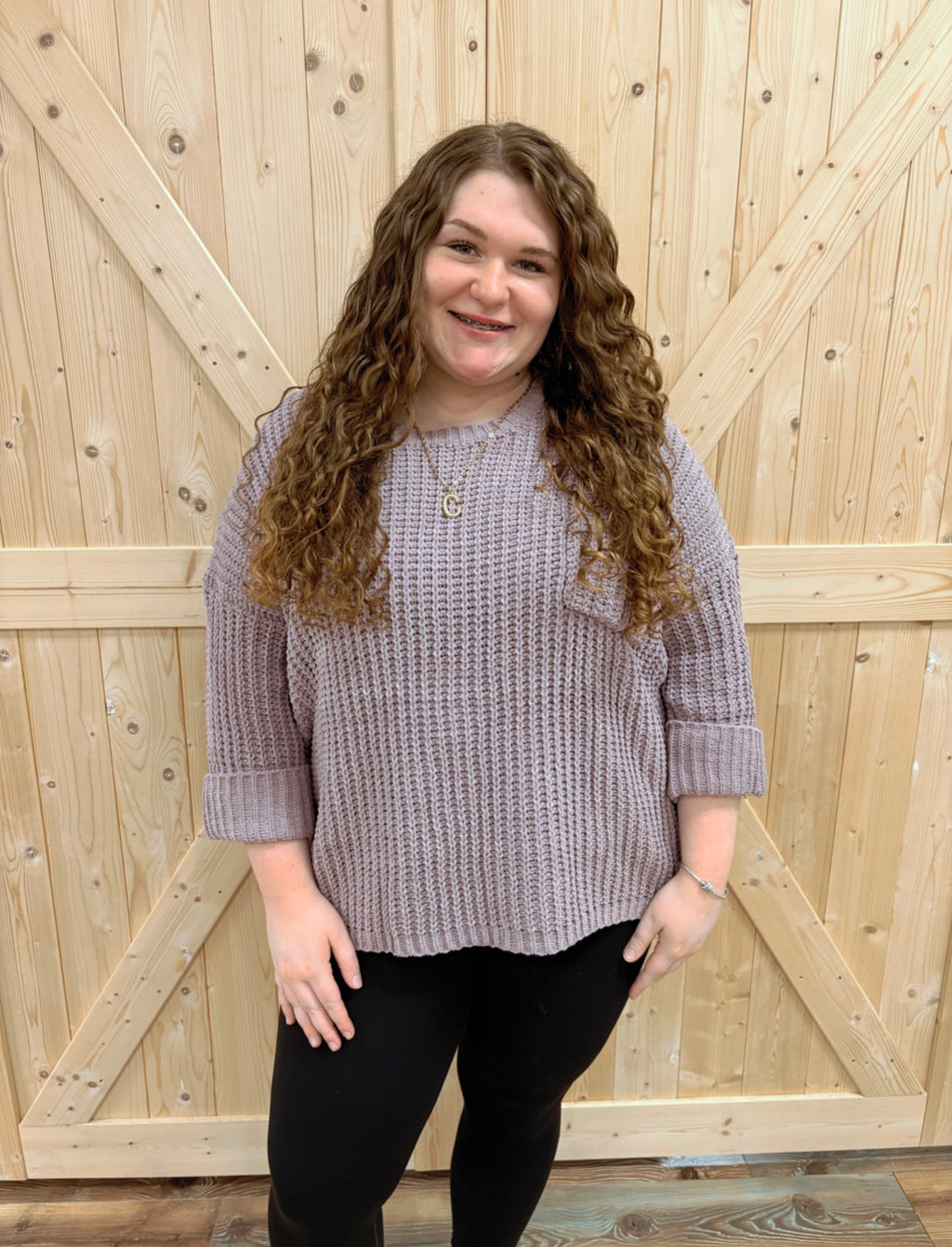 Mauve Knit Cuffed Sleeve Sweater