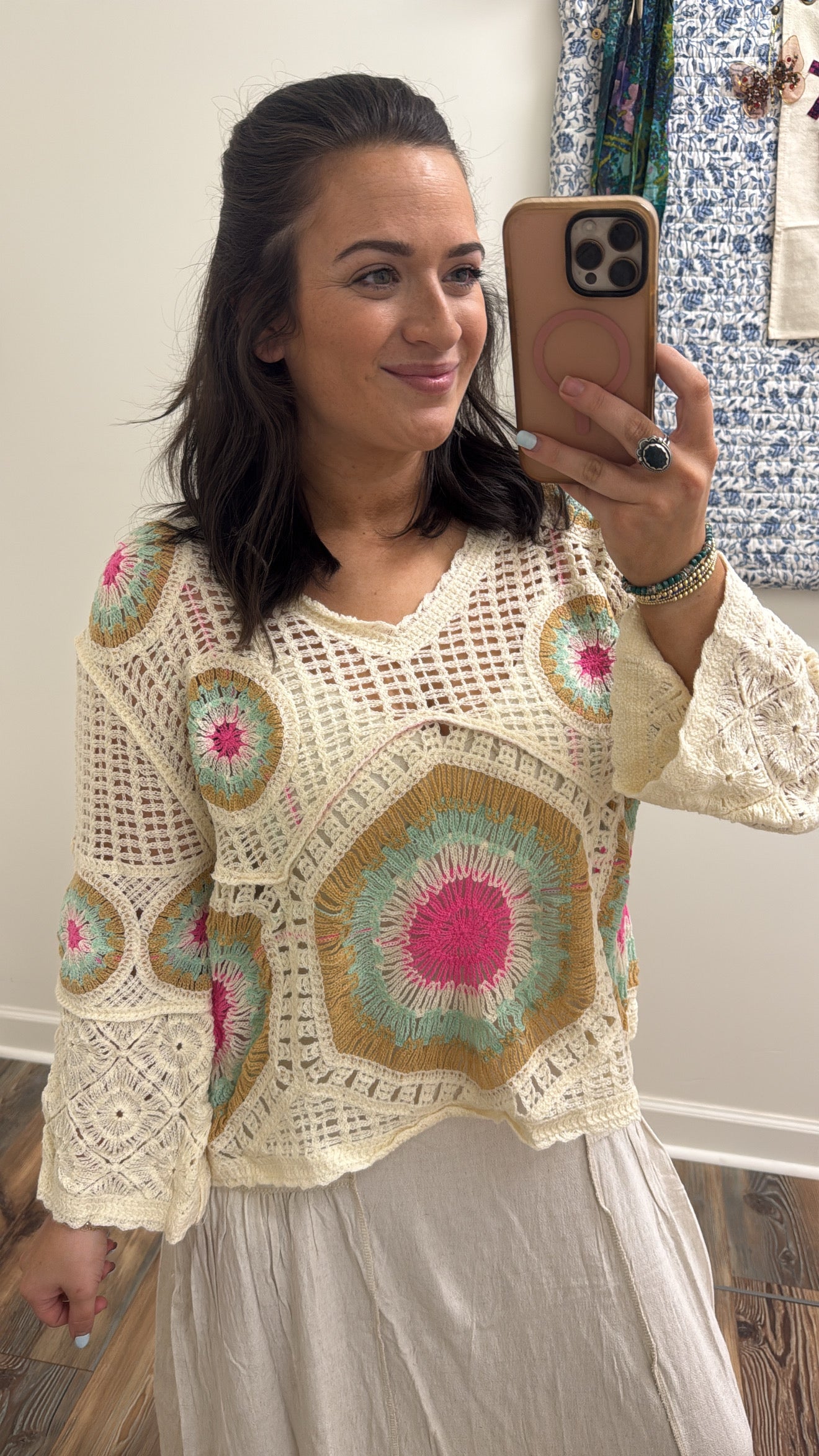 Cream Crochet Granny Square Pullover