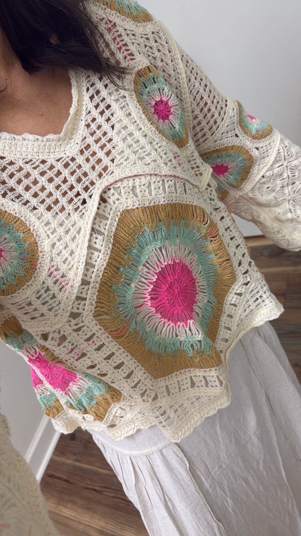 Cream Crochet Granny Square Pullover