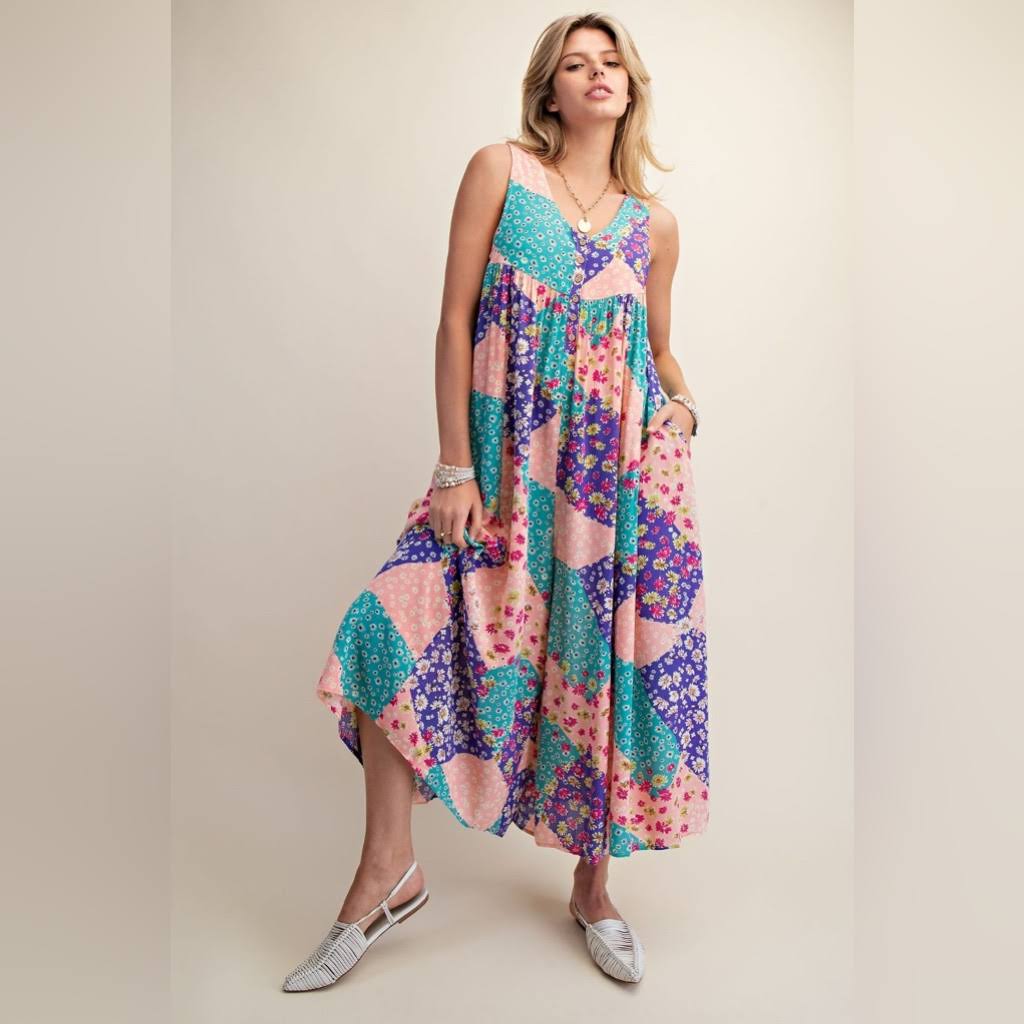 Purple and Teal Patchwork Jumpsuit