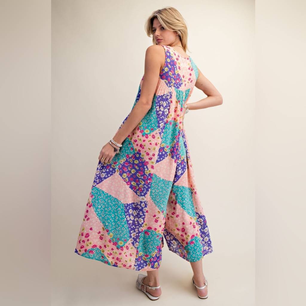 Purple and Teal Patchwork Jumpsuit