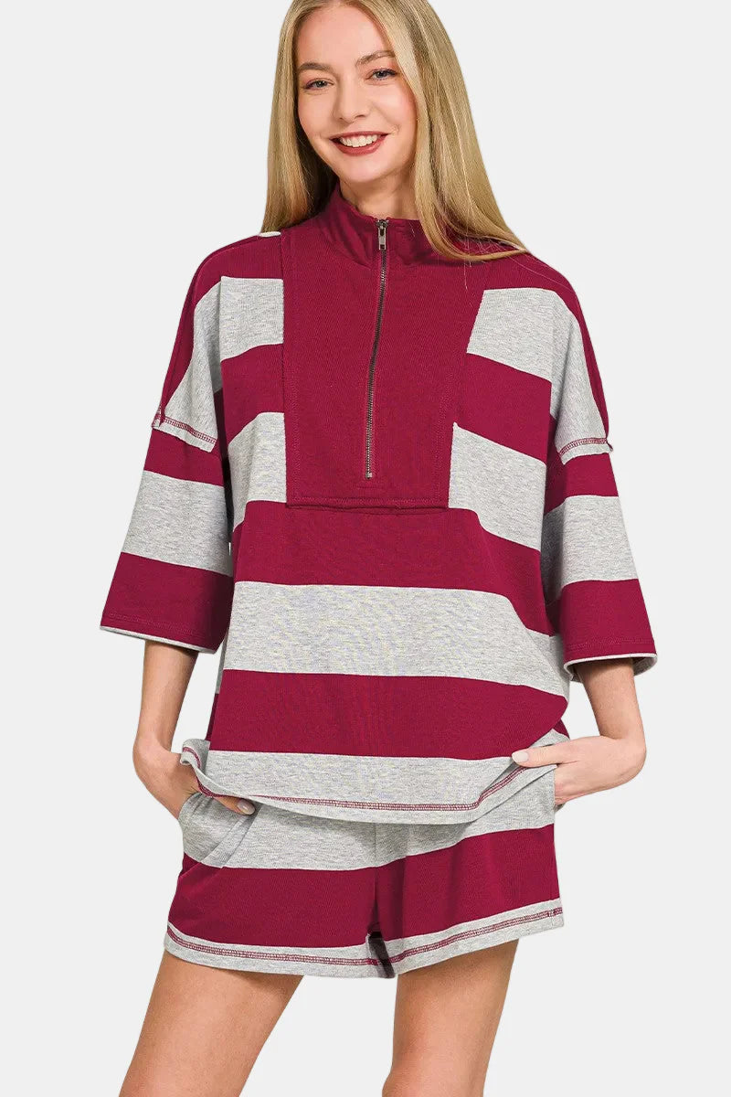 Burgundy And Gray Striped Set