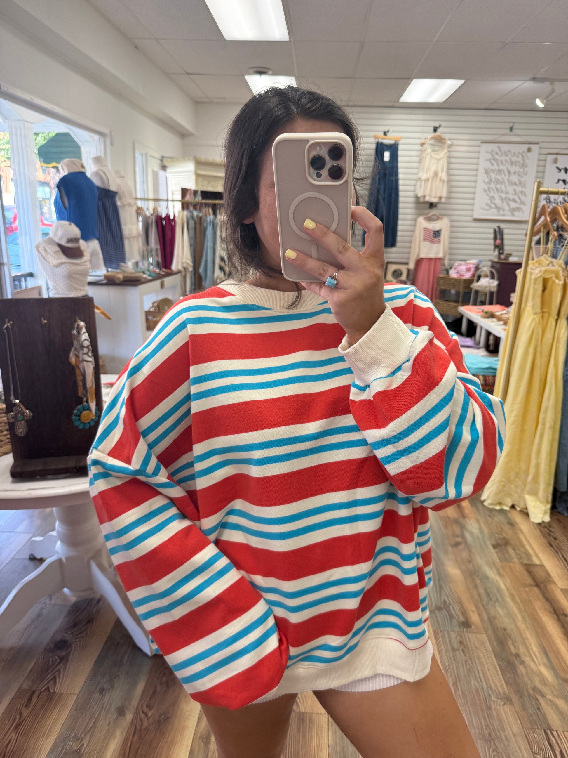 Red,White and Blue Striped Terry Oversized Sweatshirt Top
