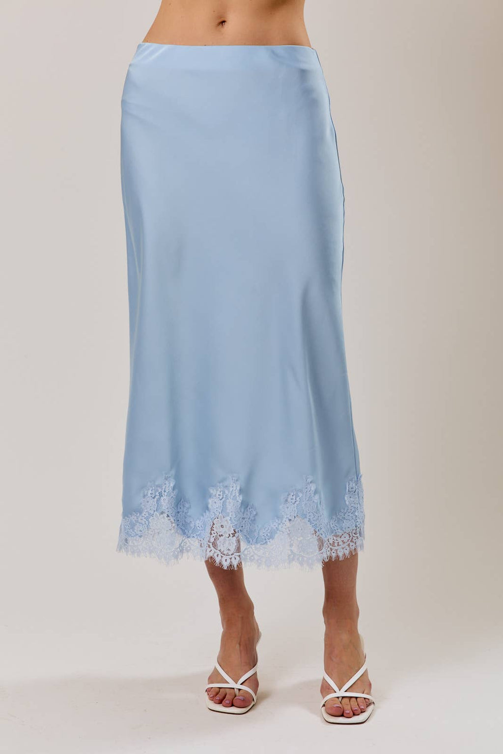 Soft Blue Lace Satin Midi Skirt