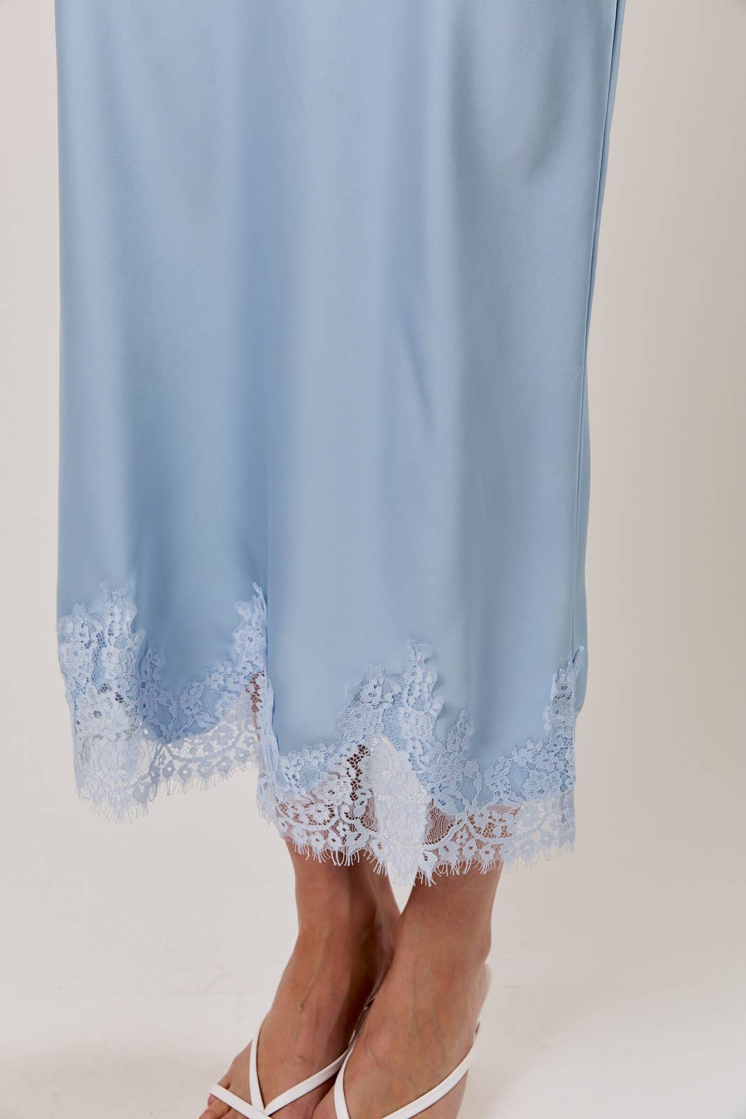 Soft Blue Lace Satin Midi Skirt