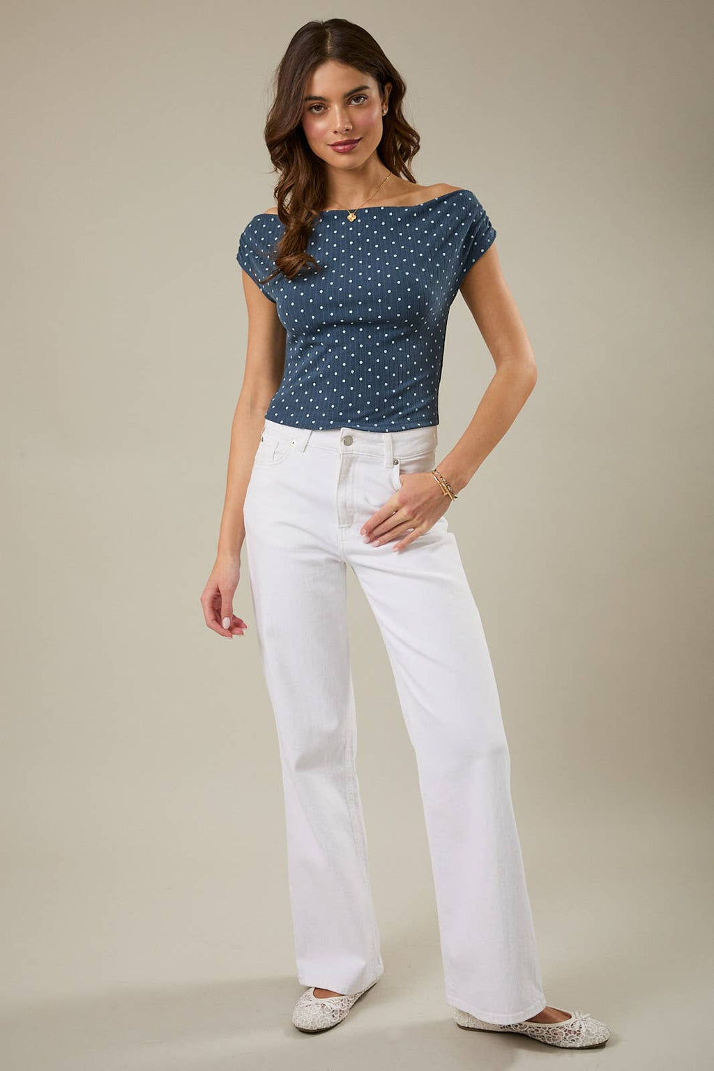 Sleeveless Navy Polka Dot Rib Top