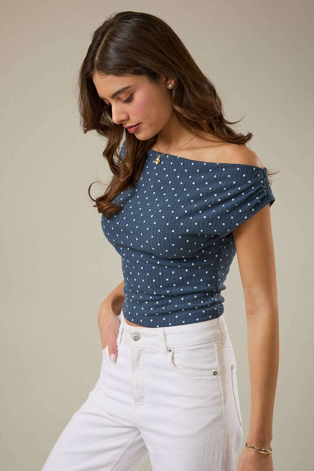 Sleeveless Navy Polka Dot Rib Top