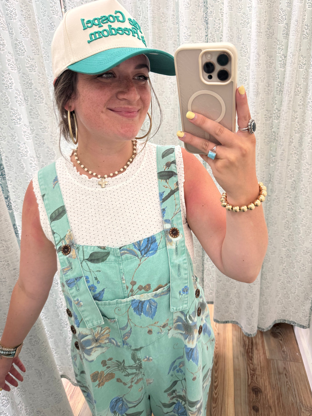 Mint Blue Floral Washed Denim Overalls