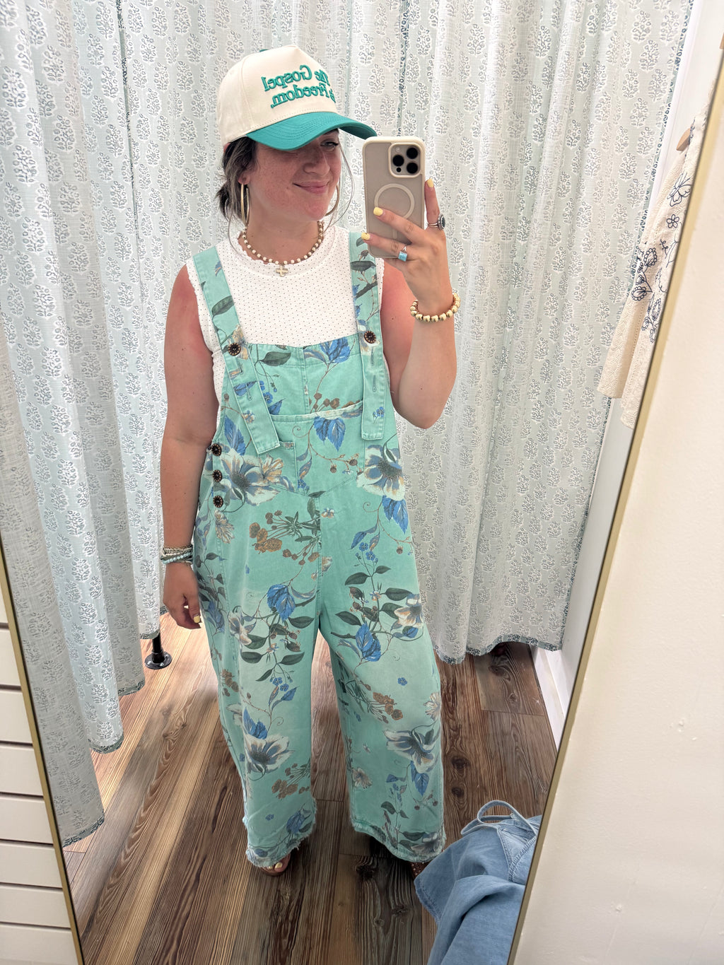 Mint Blue Floral Washed Denim Overalls
