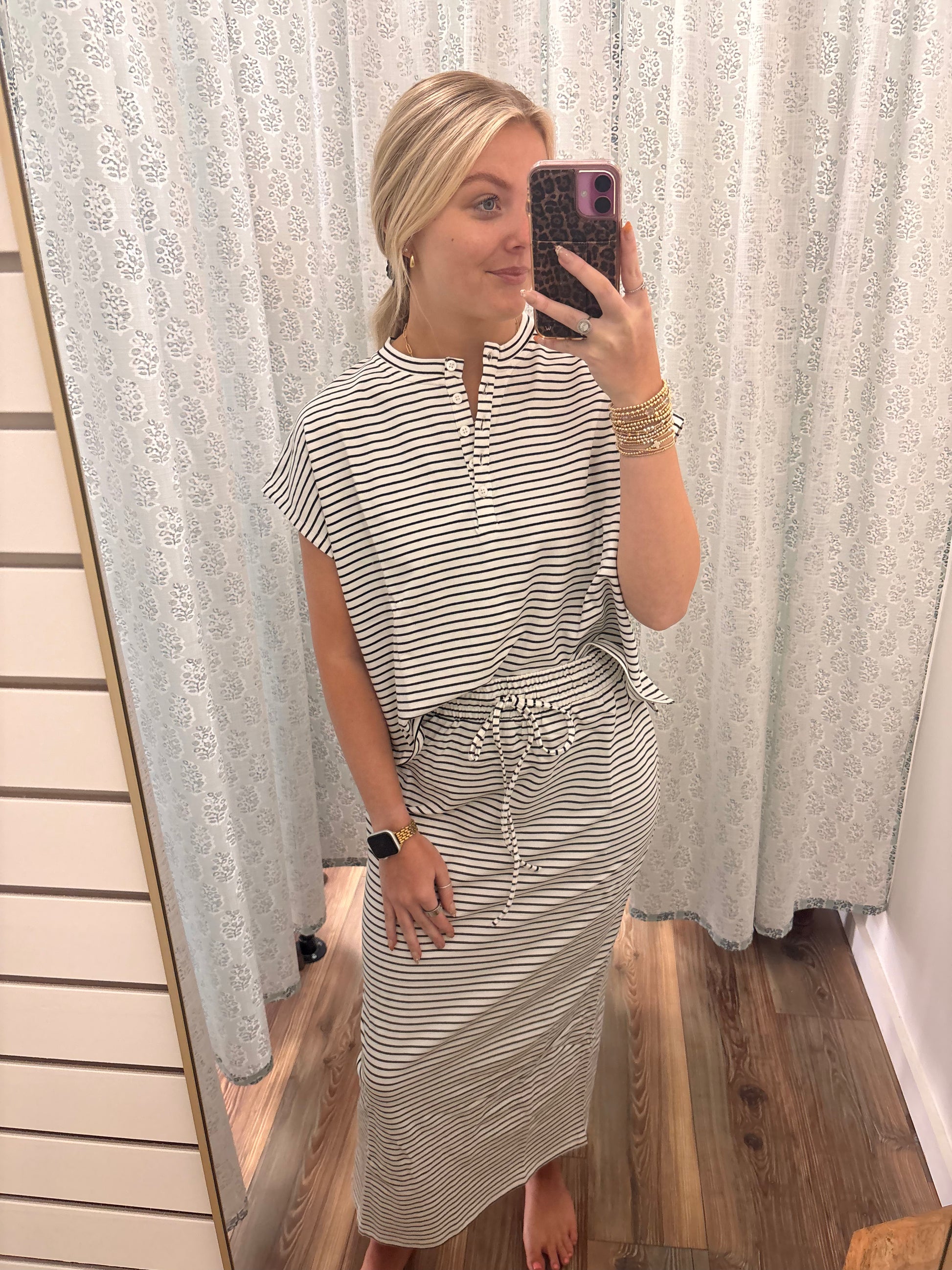 White And Black Striped Maxi Skirt Set