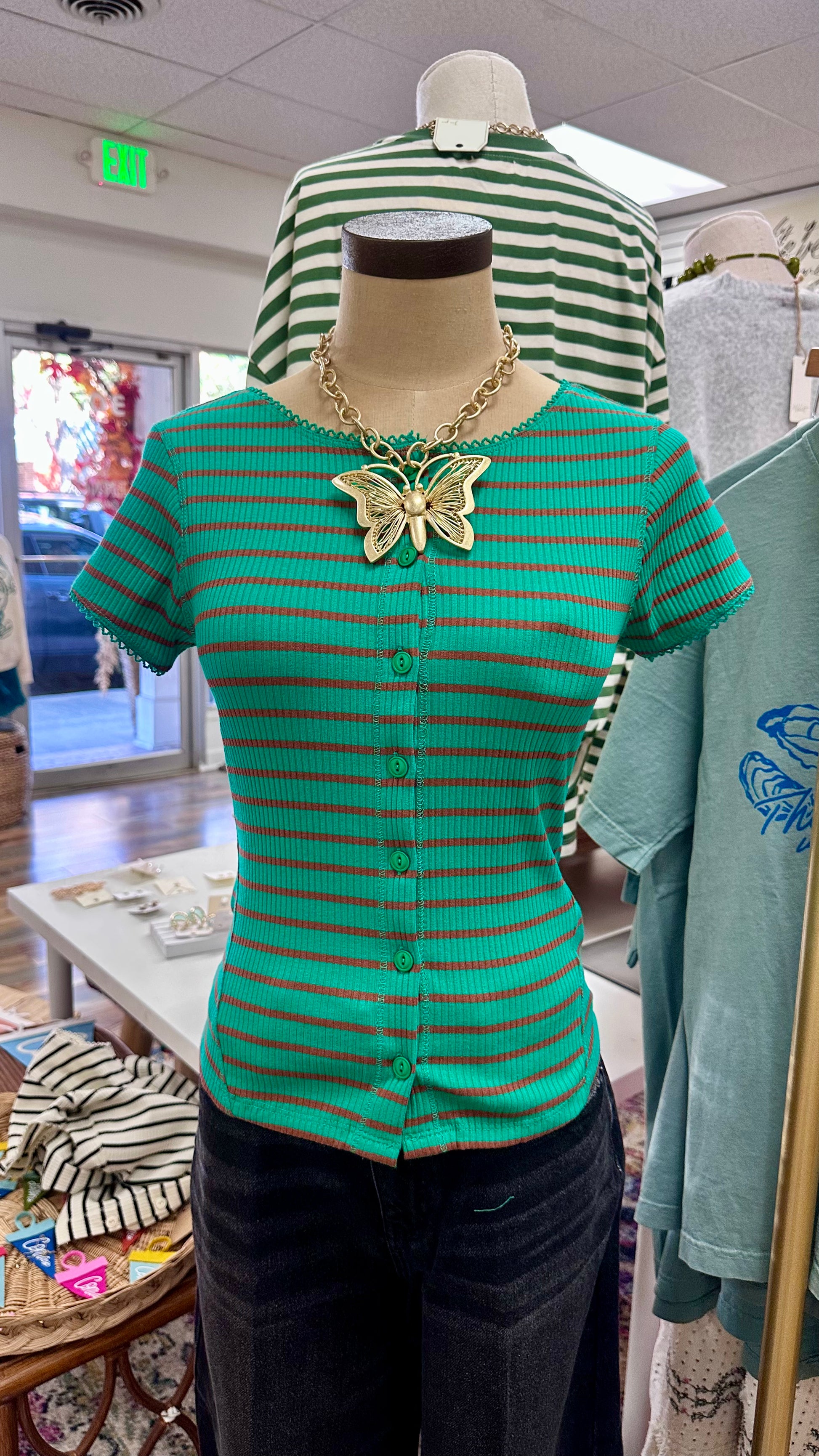 Hunter Green Striped Button Up Top